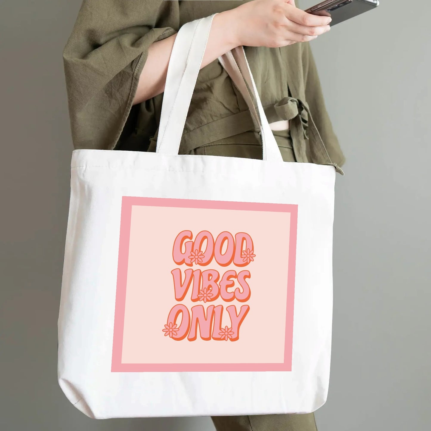 Cotton Tote, Positive Quote Tote, Good Vibes Only print Tote, Retro Bag, Vintage Style Tote