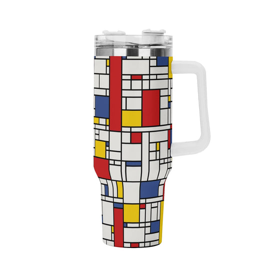 Mondrian 40oz Tumbler | 60s Inspired Geometric Tumbler | Retro Stainless Steel Cup with Handle