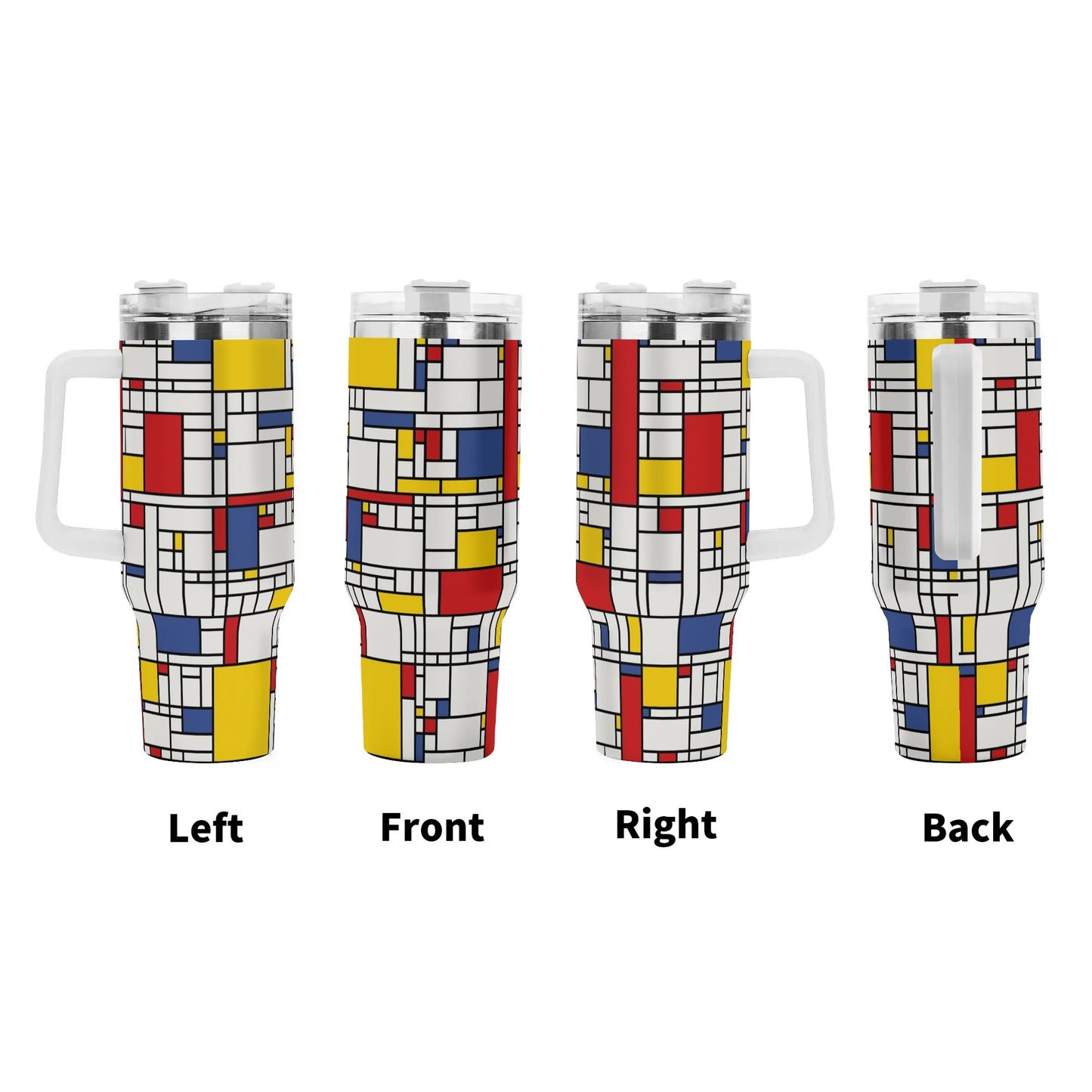 Mondrian 40oz Tumbler | 60s Inspired Geometric Tumbler | Retro Stainless Steel Cup with Handle