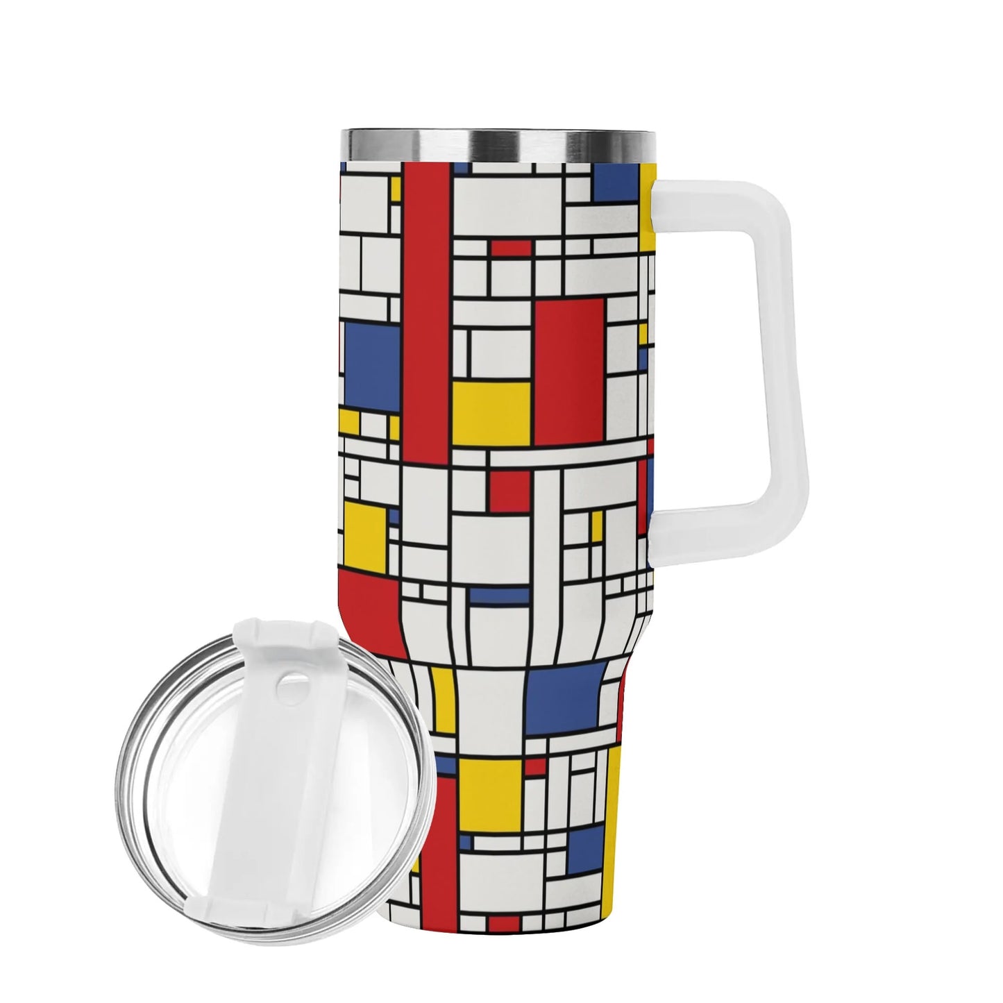 Mondrian 40oz Tumbler | 60s Inspired Geometric Tumbler | Retro Stainless Steel Cup with Handle