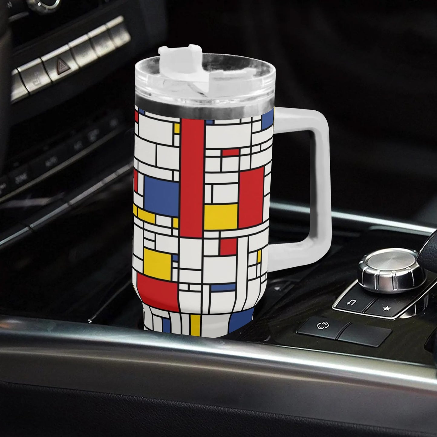 Mondrian 40oz Tumbler | 60s Inspired Geometric Tumbler | Retro Stainless Steel Cup with Handle