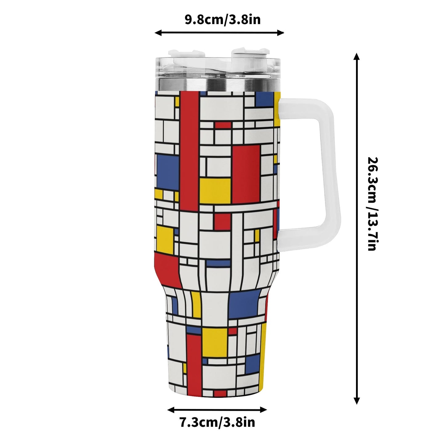 Mondrian 40oz Tumbler | 60s Inspired Geometric Tumbler | Retro Stainless Steel Cup with Handle