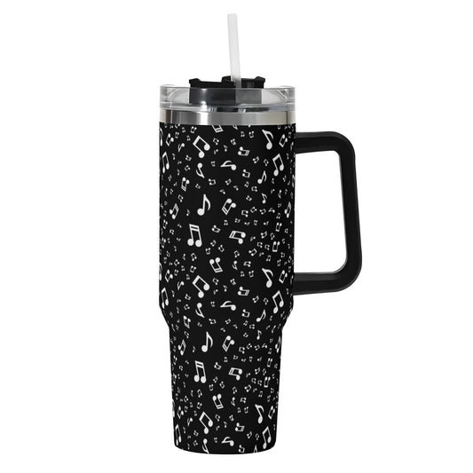 Music Note 40oz Tumbler | Black & White Musical Print Cup | Large Insulated Travel Mug with Handle