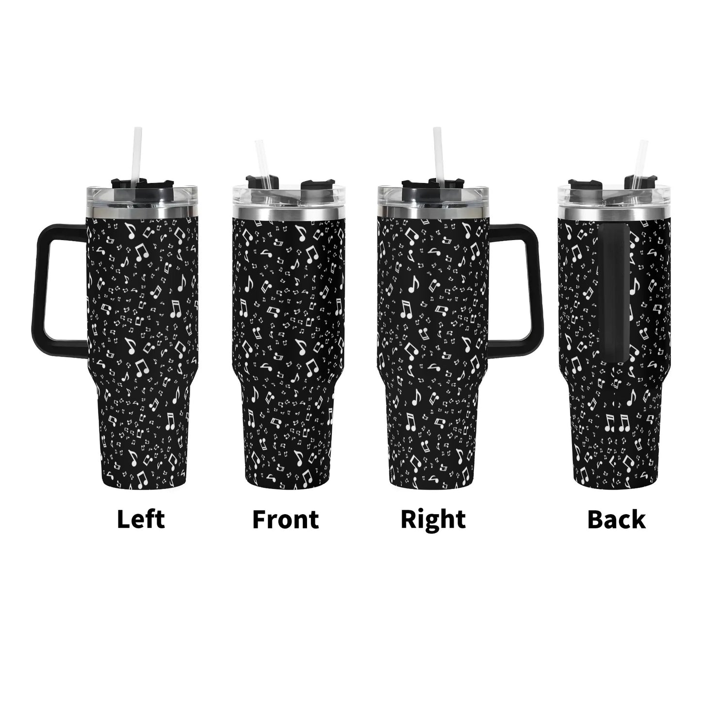 Music Note 40oz Tumbler | Black & White Musical Print Cup | Large Insulated Travel Mug with Handle