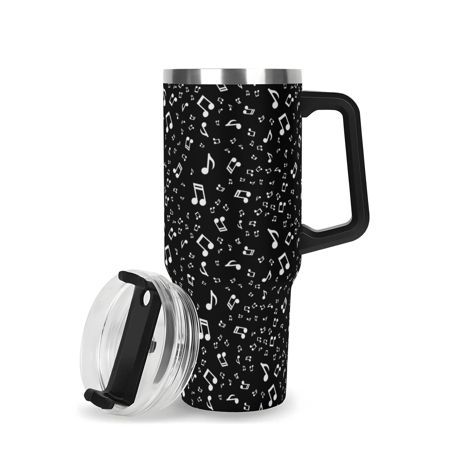 Music Note 40oz Tumbler | Black & White Musical Print Cup | Large Insulated Travel Mug with Handle