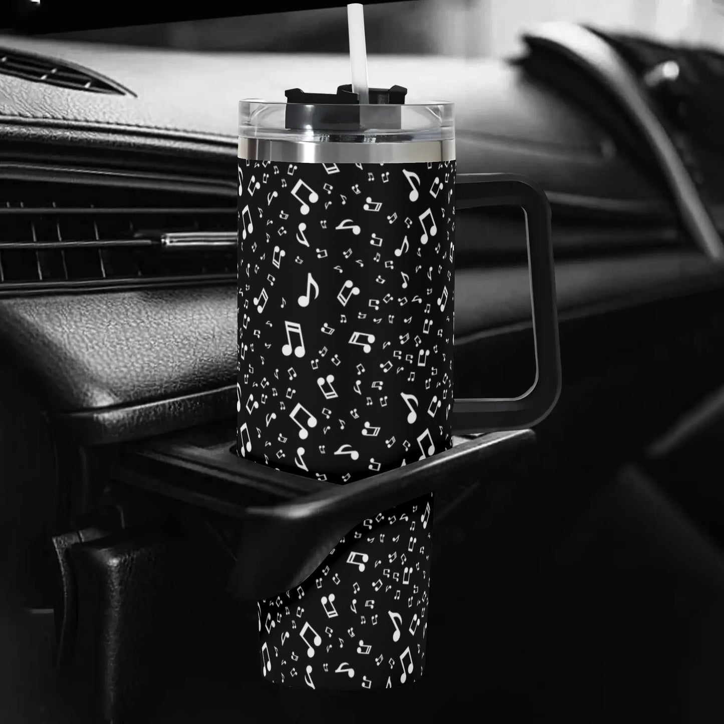 Music Note 40oz Tumbler | Black & White Musical Print Cup | Large Insulated Travel Mug with Handle