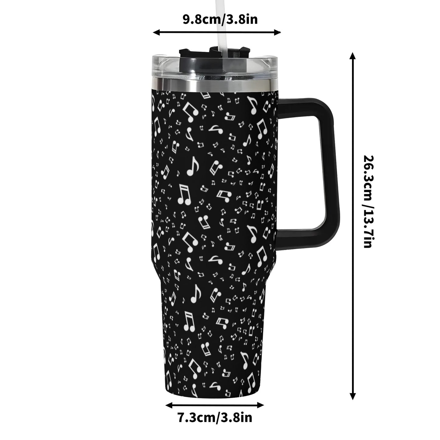 Music Note 40oz Tumbler | Black & White Musical Print Cup | Large Insulated Travel Mug with Handle