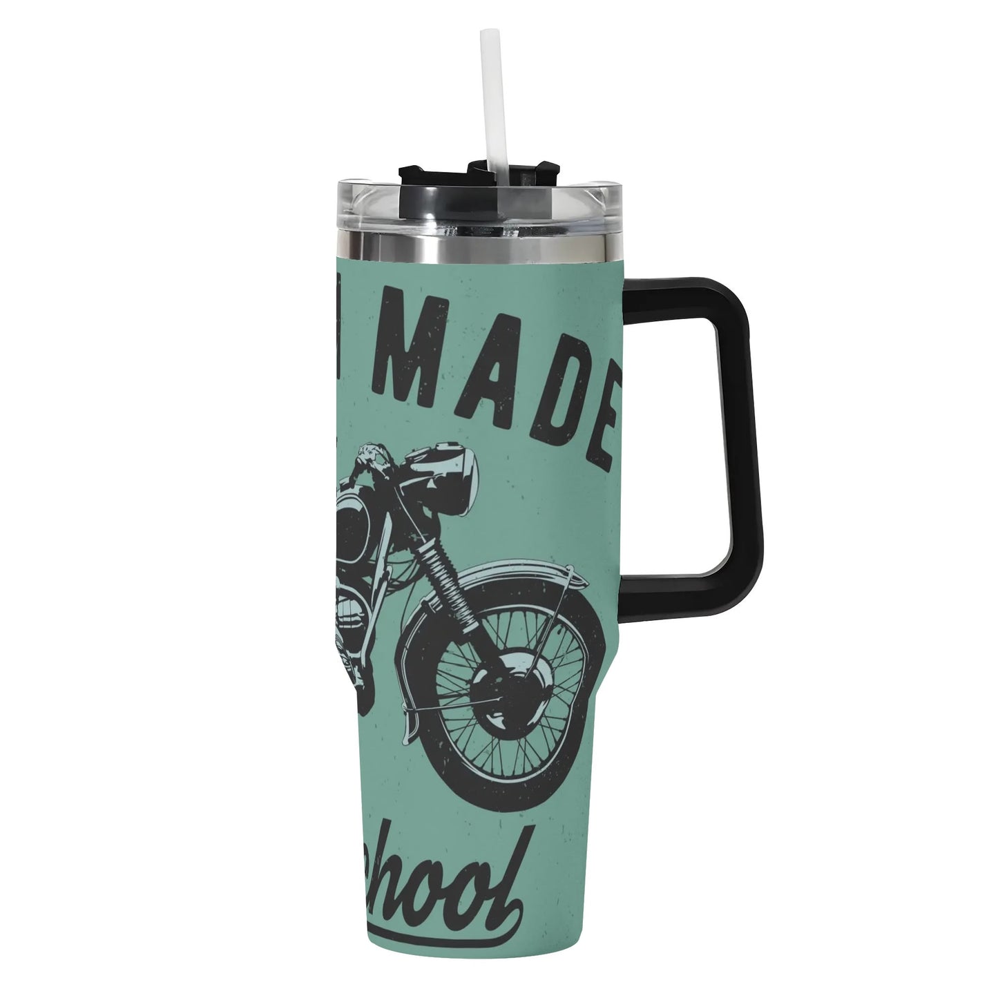 Vintage Motorcycle 40oz Tumbler | Retro Green Insulated Cup | Large Stainless Steel Travel Mug with Handle