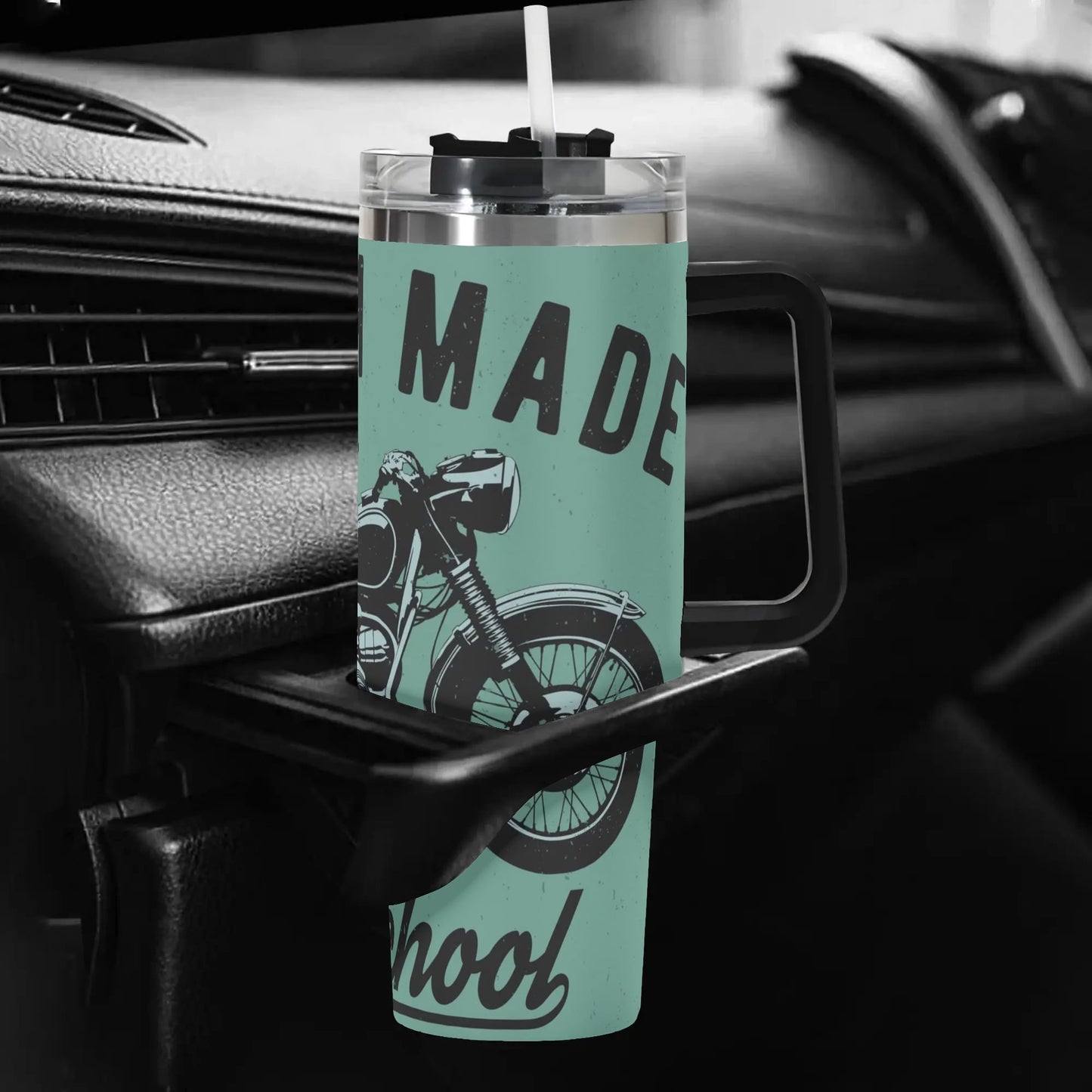 Vintage Motorcycle 40oz Tumbler | Retro Green Insulated Cup | Large Stainless Steel Travel Mug with Handle