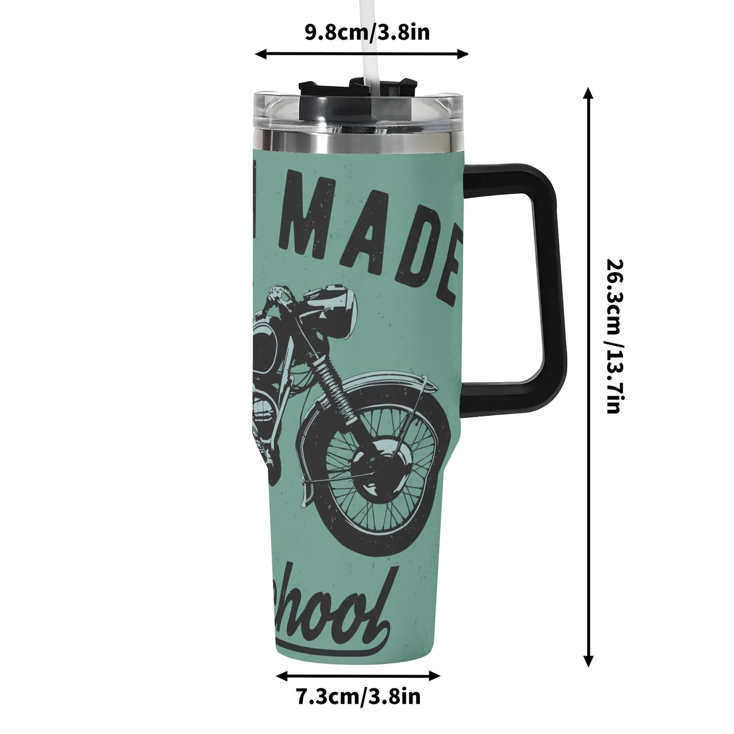 Vintage Motorcycle 40oz Tumbler | Retro Green Insulated Cup | Large Stainless Steel Travel Mug with Handle