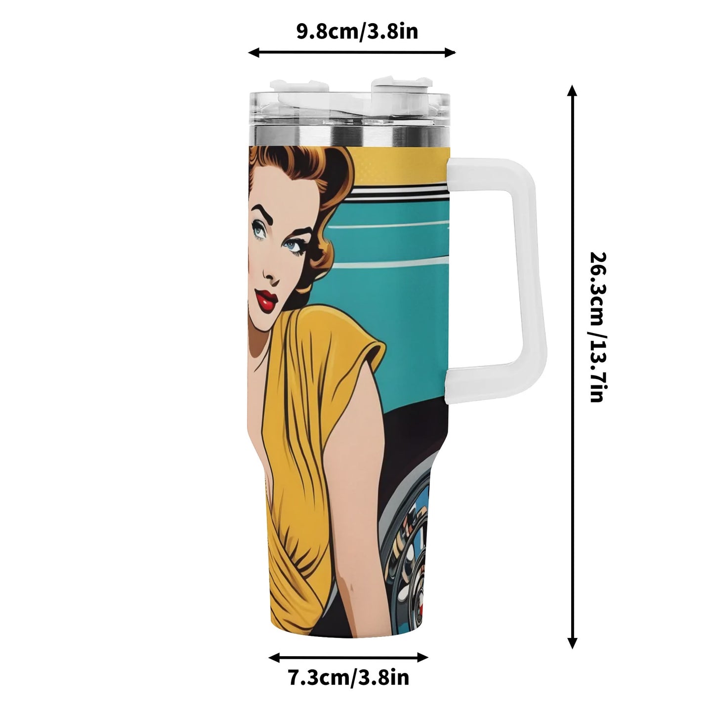 Original Pop Art 40oz Tumbler, Retro Pop Art Stainless Steel Tumbler With White Handle and Straw, Pop Art Print Cup