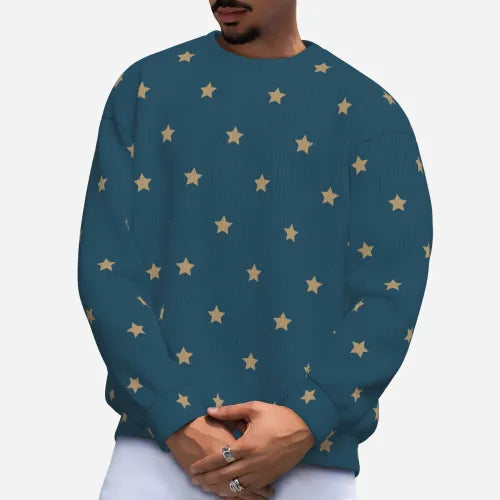 Men's Retro Blue Star Knit Sweater | Vintage-Inspired Drop Shoulder Crew Neck Pullover Sweater