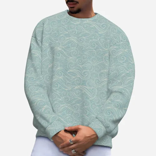 en's Abstract Sea Wave Light Blue Knit Sweater |  Light Blue Pullover Sweater