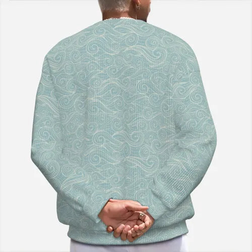 en's Abstract Sea Wave Light Blue Knit Sweater |  Light Blue Pullover Sweater