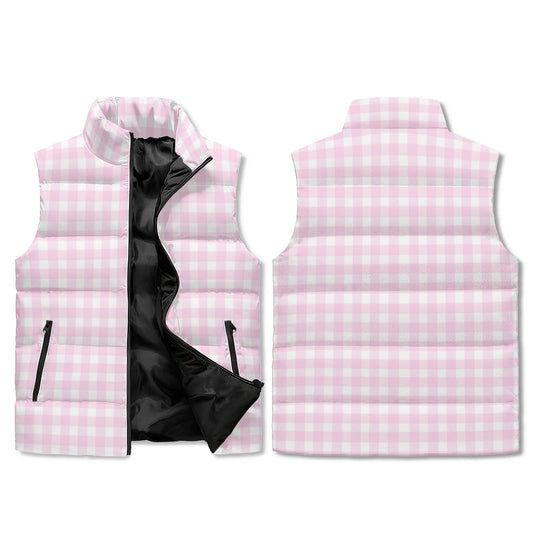 Unisex Retro Pink Gingham Puffer Vest | Vintage-Inspired Quilted Sleeveless Winter Jacket