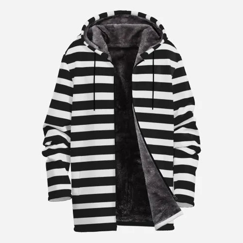 Men's Black Striped Fleece Hoodie | Modern Winter Stripe Jacket | Cozy Streetwear Outerwear