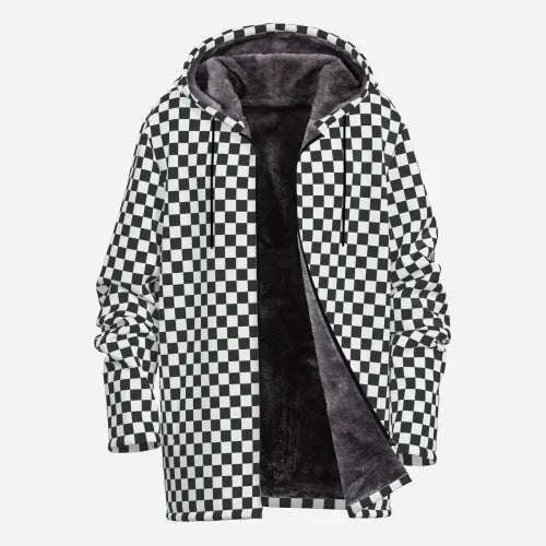 Men's Retro Black Checker Fleece Hoodie | Vintage Streetwear Winter Coat | Y2K Fashion Essential