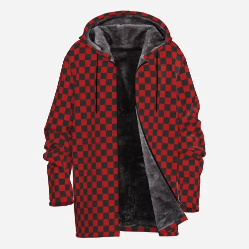 Men's Black Red Checker Hoodie | Retro Winter Fleece Jacket | Y2K Streetwear Statement Piece