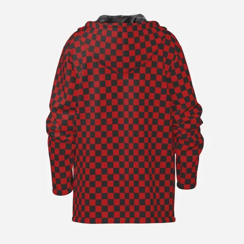 Men's Black Red Checker Hoodie | Retro Winter Fleece Jacket | Y2K Streetwear Statement Piece