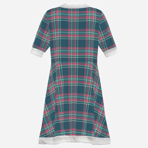 Women's Holiday Plaid Velvet Dress | Winter Tartan Mini Dress | Festive Fleece-Trimmed Skater Dress