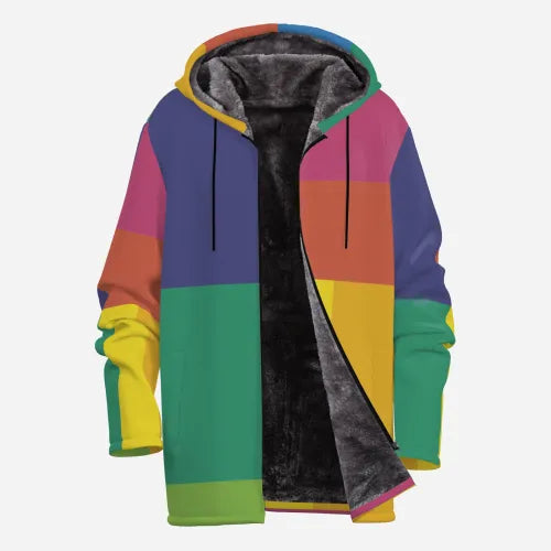 Men's Y2K Color Block Winter Jacket | Bold Multicolor Fleece Hoodie | High Fashion Insulated Coat | Statement Winter Outerwear