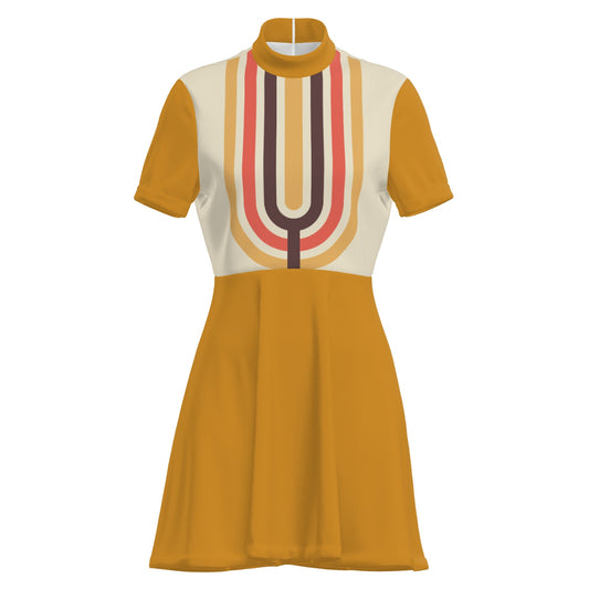 Retro 60s Mustard Yellow Mod Dress | Geometric Print Mini | Turtleneck Go-Go Dress