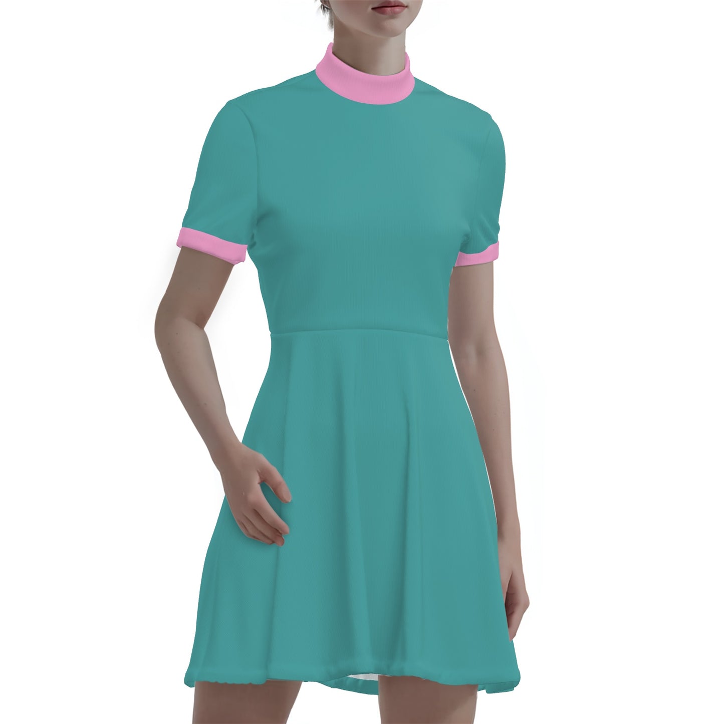 Mod 60s Style Turquoise A-Line Mini Dress | Retro Turquoise and Pink Turtleneck Dress