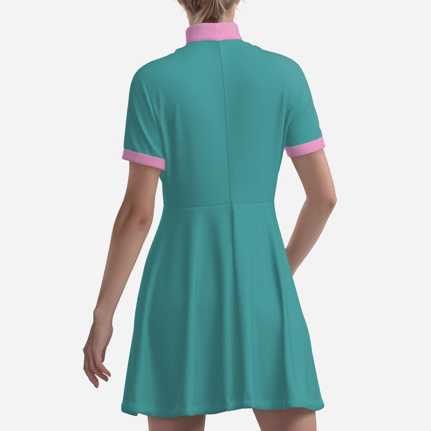 Mod 60s Style Turquoise A-Line Mini Dress | Retro Turquoise and Pink Turtleneck Dress