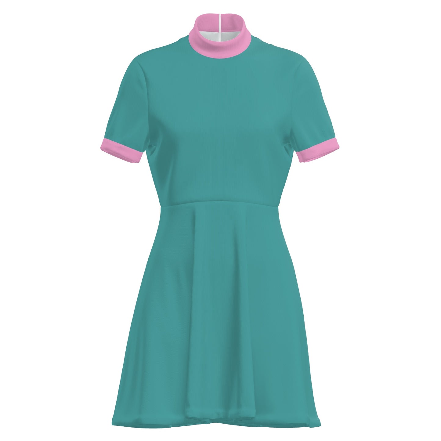 Mod 60s Style Turquoise A-Line Mini Dress | Retro Turquoise and Pink Turtleneck Dress