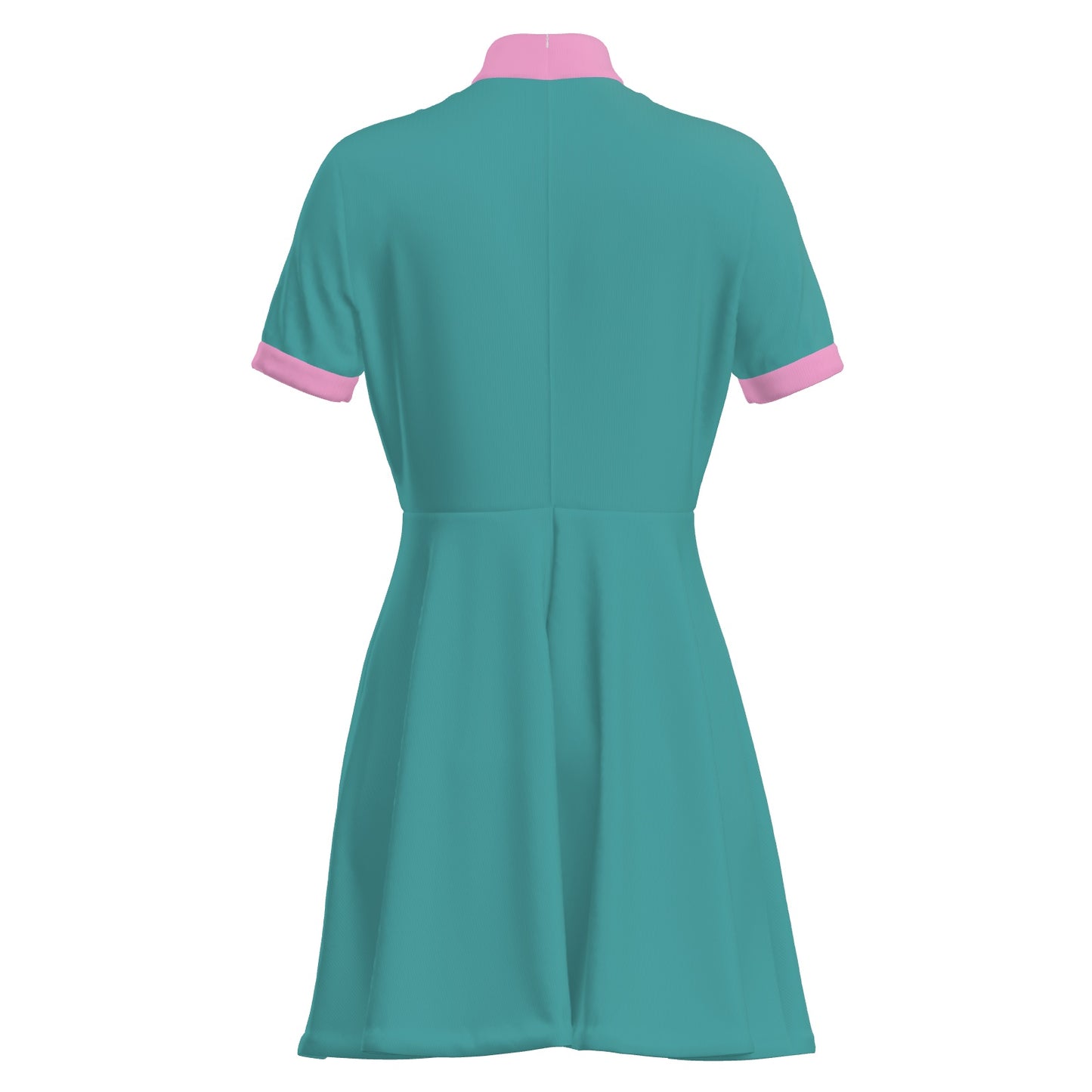 Mod 60s Style Turquoise A-Line Mini Dress | Retro Turquoise and Pink Turtleneck Dress