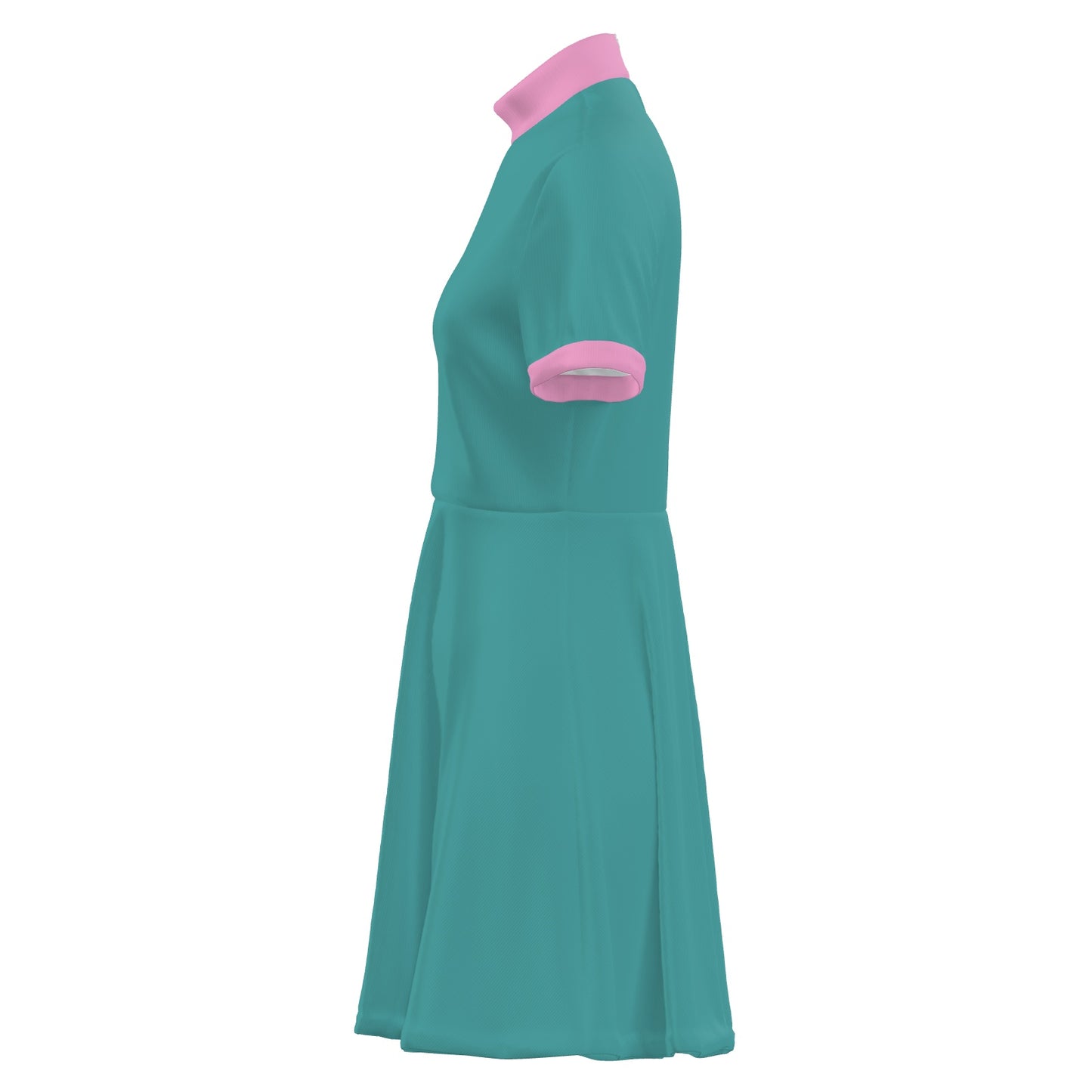 Mod 60s Style Turquoise A-Line Mini Dress | Retro Turquoise and Pink Turtleneck Dress