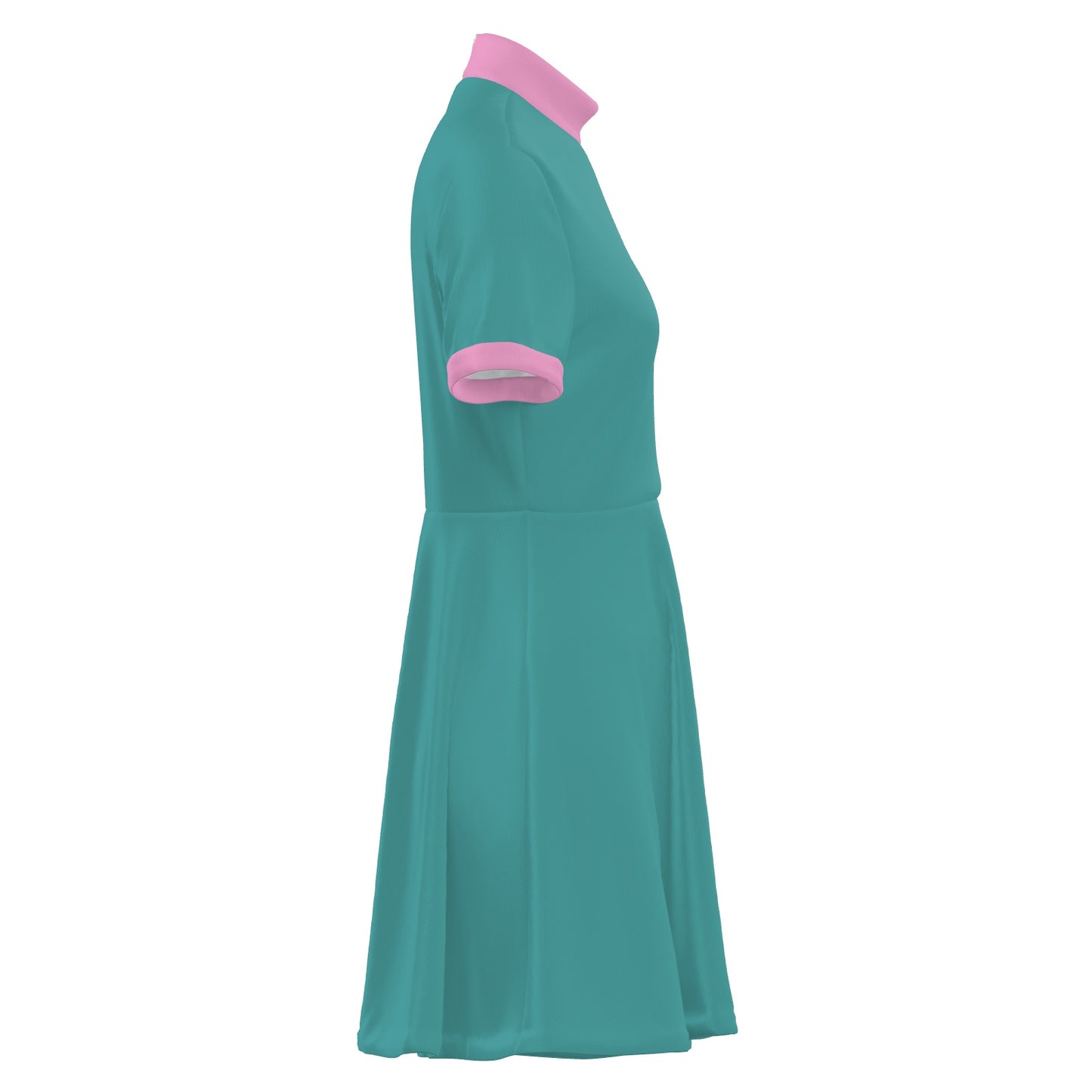 Mod 60s Style Turquoise A-Line Mini Dress | Retro Turquoise and Pink Turtleneck Dress