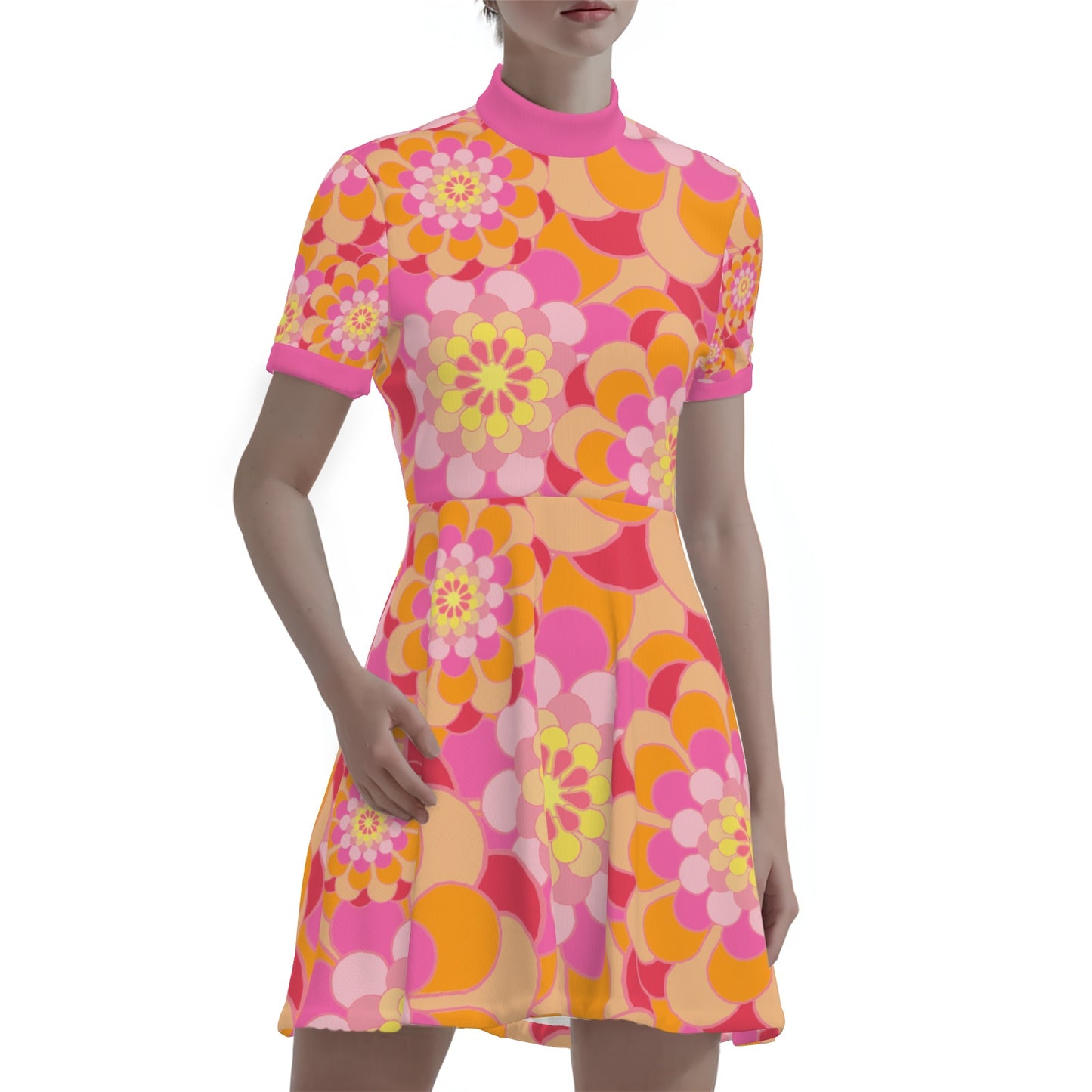 60s Mod Style Orange and Pink Floral Turtleneck Mini Dress | Vintage-Inspired A-Line Dress