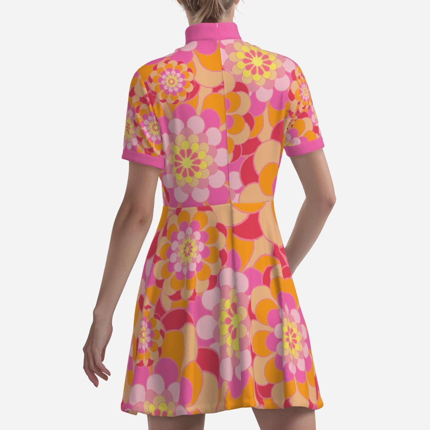 60s Mod Style Orange and Pink Floral Turtleneck Mini Dress | Vintage-Inspired A-Line Dress