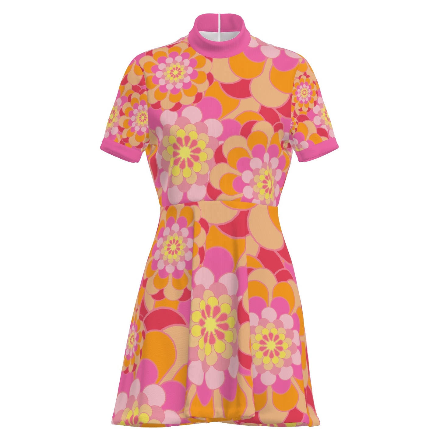 60s Mod Style Orange and Pink Floral Turtleneck Mini Dress | Vintage-Inspired A-Line Dress