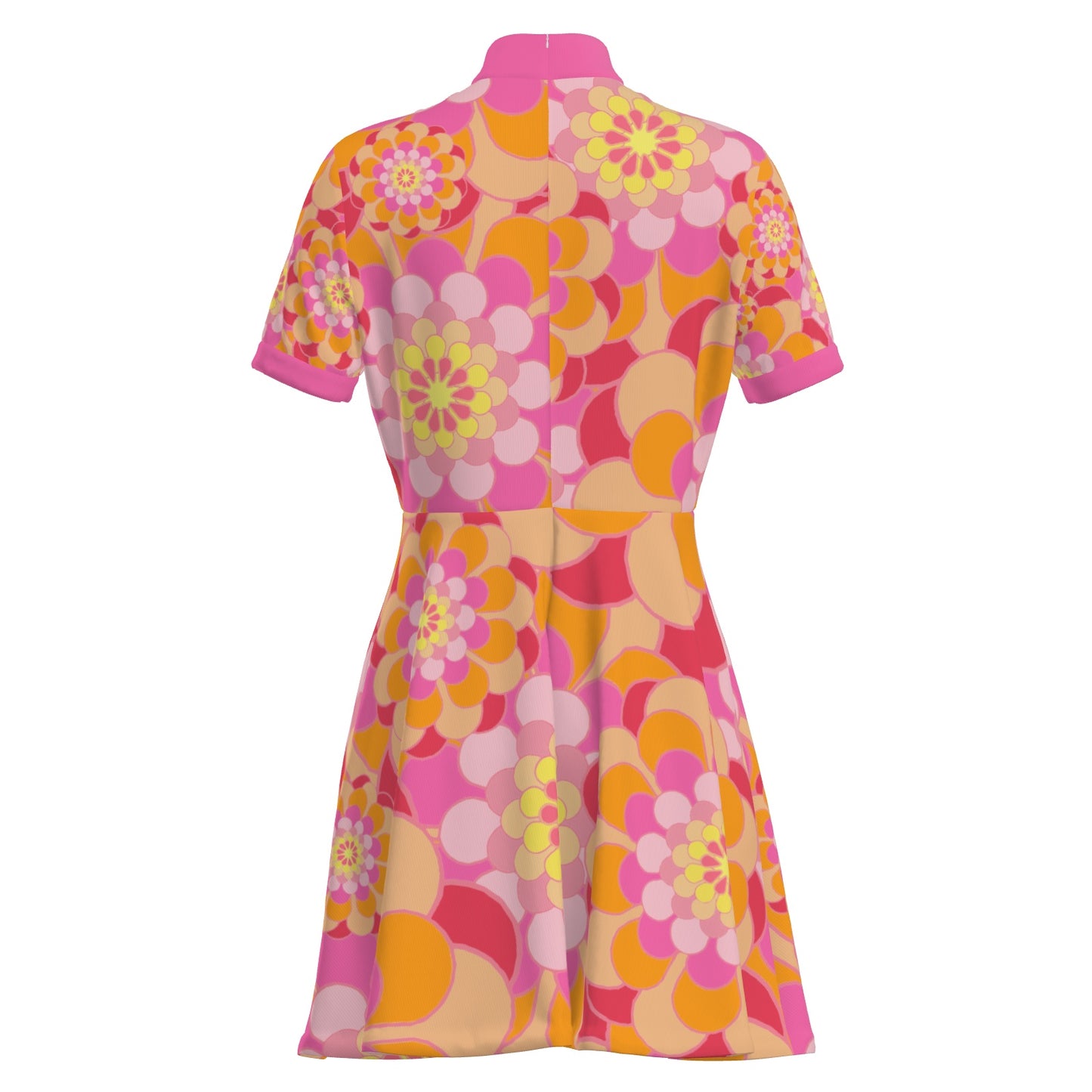 60s Mod Style Orange and Pink Floral Turtleneck Mini Dress | Vintage-Inspired A-Line Dress