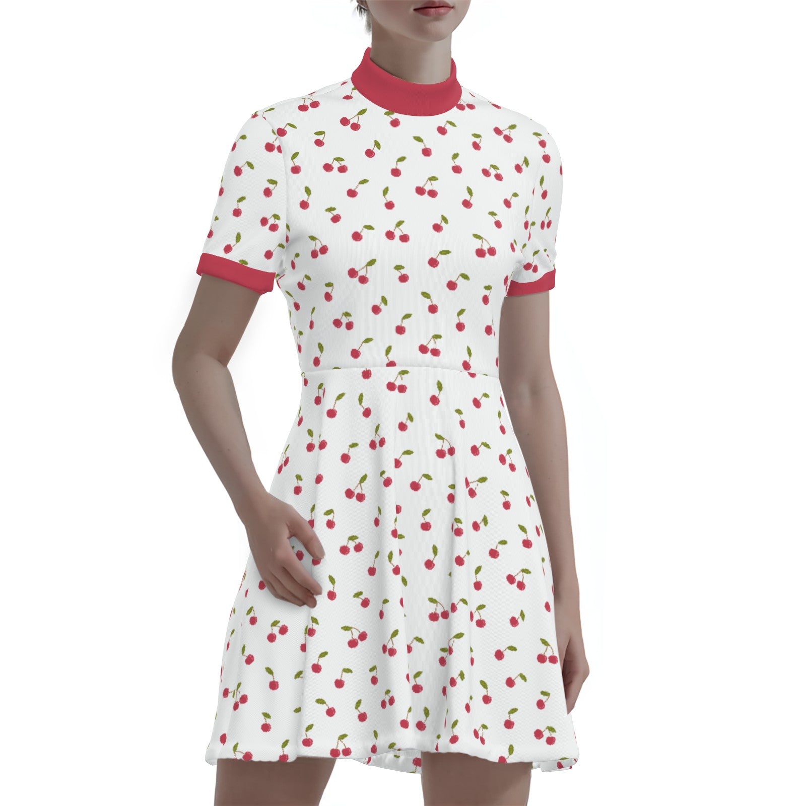 Retro Cherry Print 60s Mod Mini Dress | Vintage-Inspired A-Line Turtleneck Dress