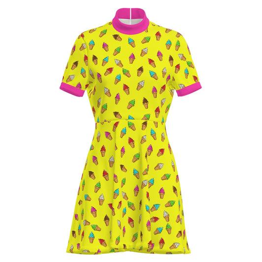 Retro Pop Art Ice Cream Mini Dress | Yellow Pink 60s Style Kawaii Turtleneck A-Line Dress