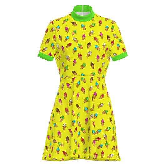 Retro Pop Art Ice Cream Mini Dress | Yellow 60s Style Kawaii Turtleneck A-Line Dress