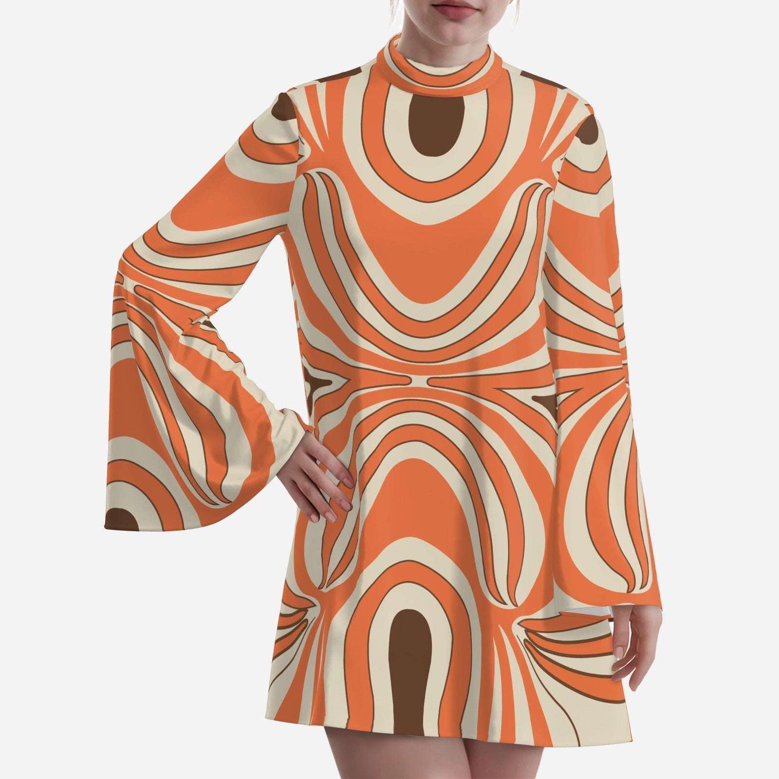 70s Psychedelic Orange Groovy Bell Sleeve Disco Dress | Retro Chiffon Turtleneck Mini Dress Orange / S