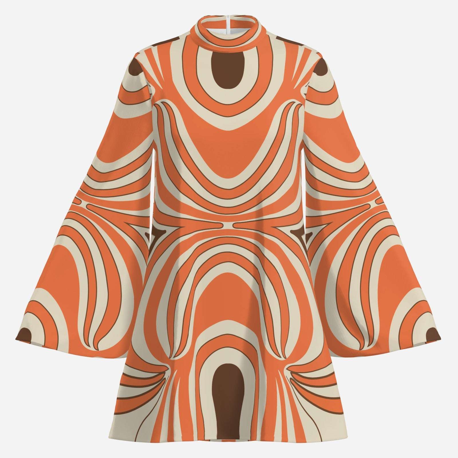 70s Psychedelic Orange Groovy Bell Sleeve Disco Dress | Retro Chiffon Turtleneck Mini Dress