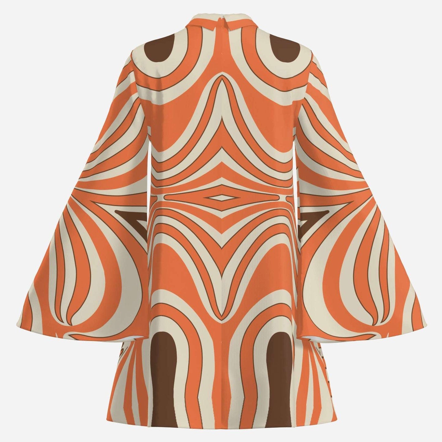 70s Psychedelic Orange Groovy Bell Sleeve Disco Dress | Retro Chiffon Turtleneck Mini Dress