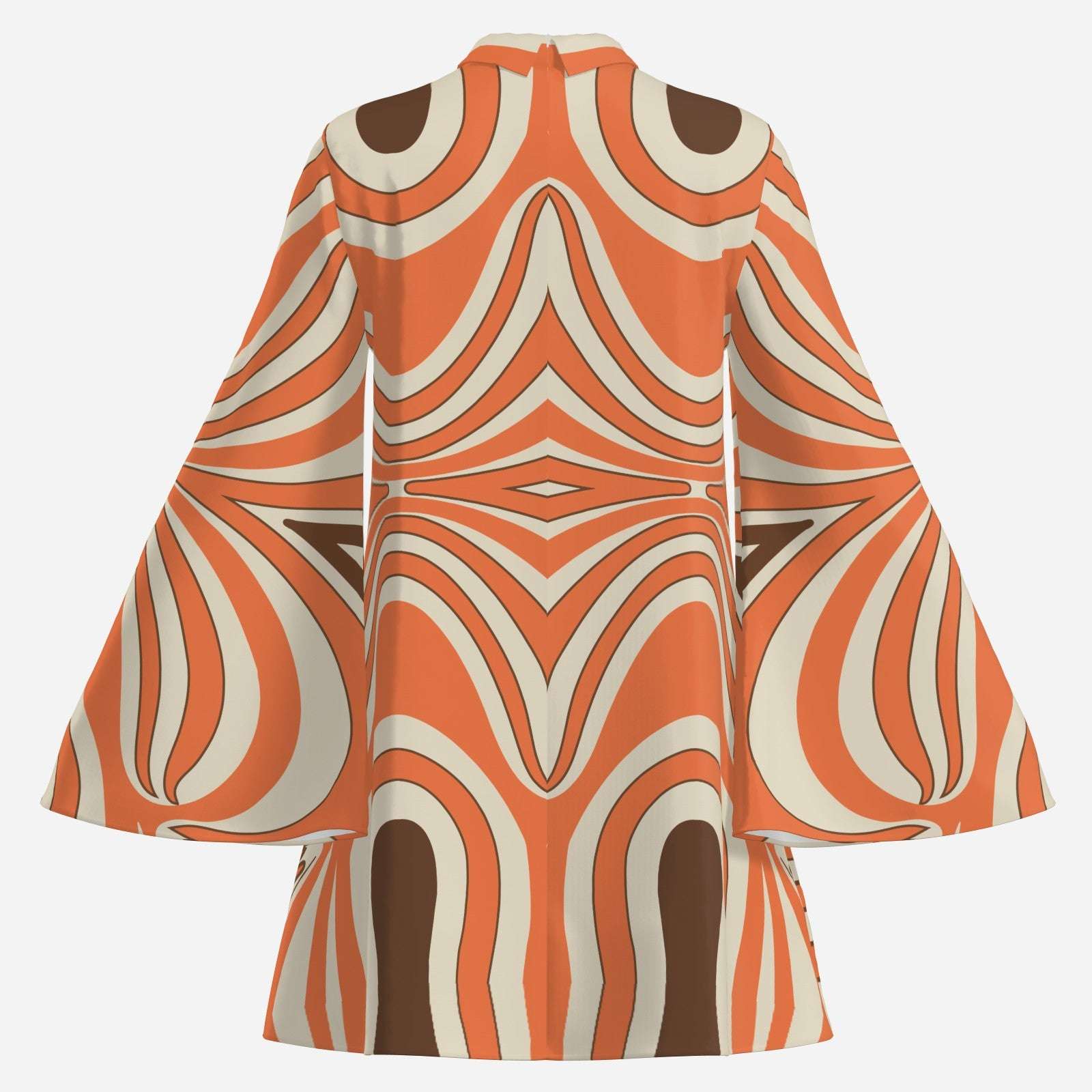 70s Psychedelic Orange Groovy Bell Sleeve Disco Dress | Retro Chiffon Turtleneck Mini Dress