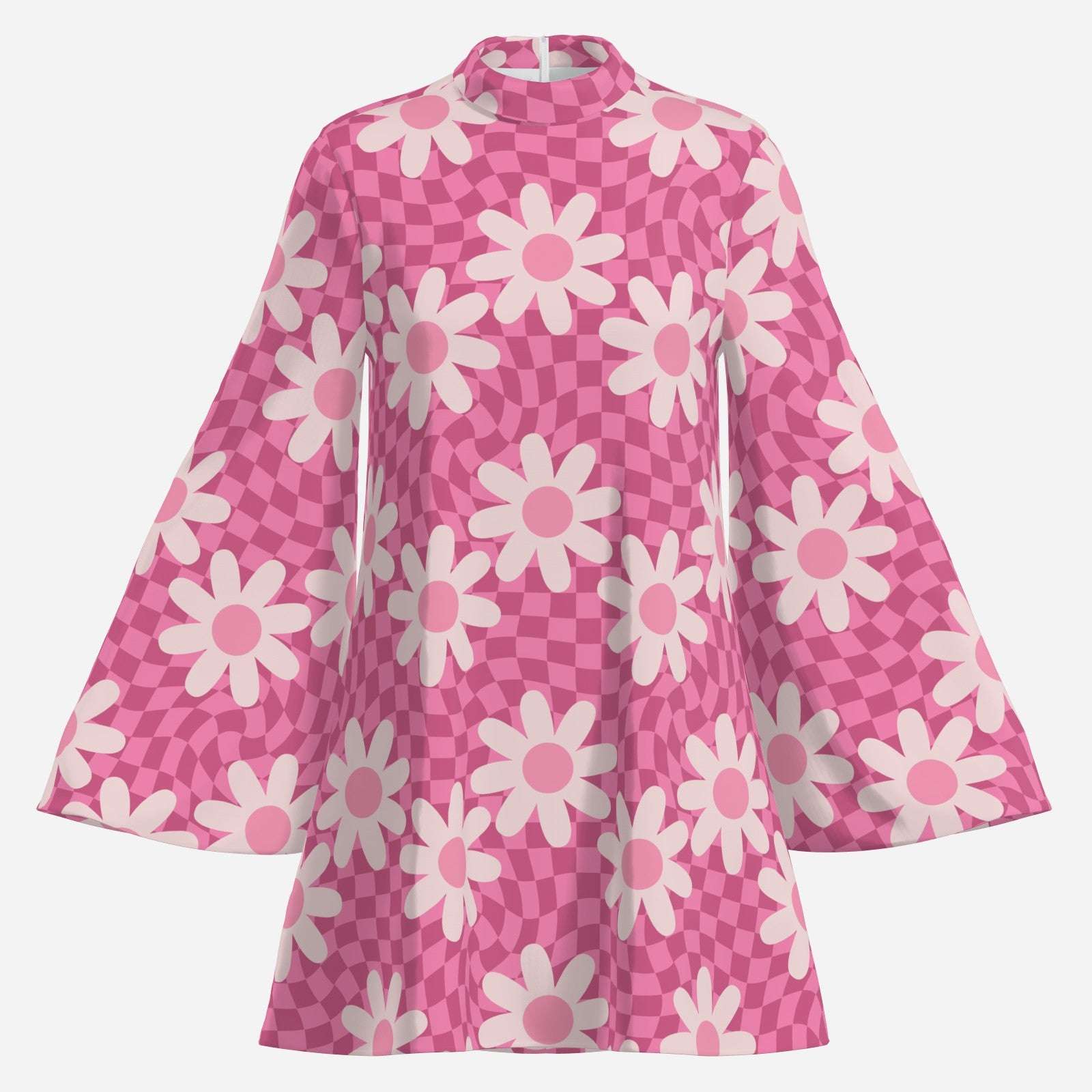 70s dress style, 70s Bell Sleeve Pink Floral Checker Chiffon Tent Dress | Retro 70s Dress Style