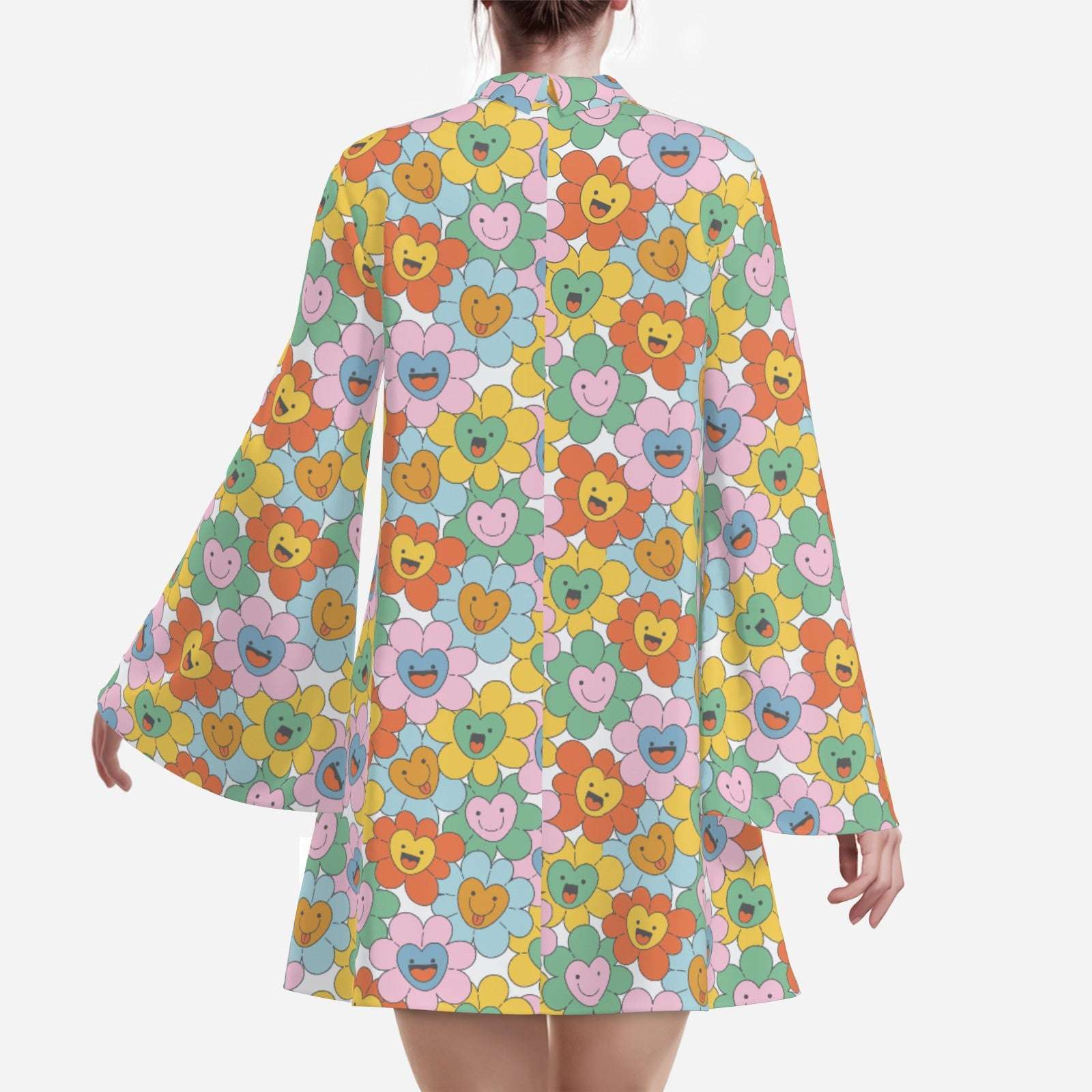 Kawaii Smiley Face Floral 70s Dress Style | Retro Hippie Bell Sleeve Dress, 70s Style Disco Dress