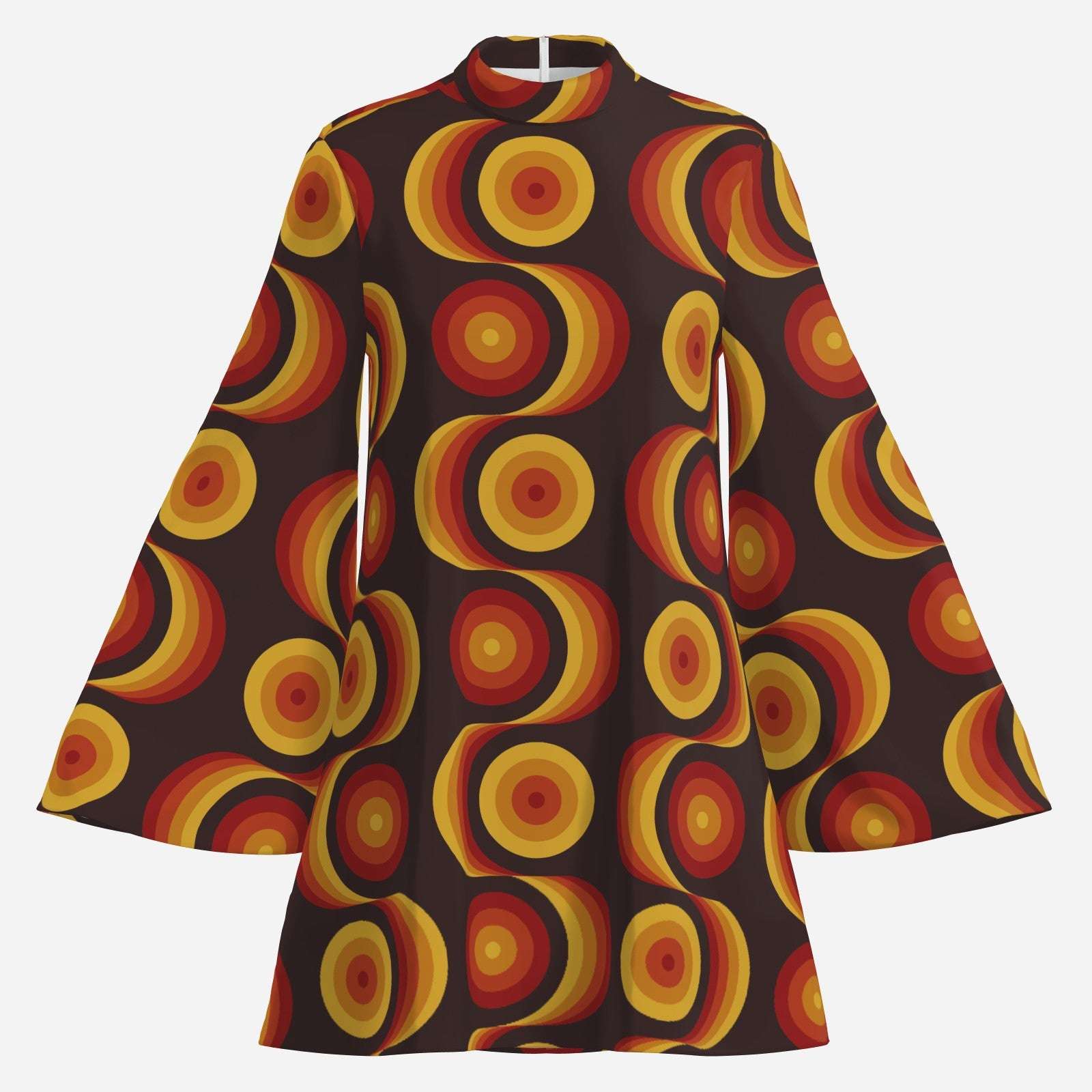 Geometric Black Brown Bell Sleeve Dress | 70s Op Art Space Age Chiffon Mini Dress | 70s Dress Style