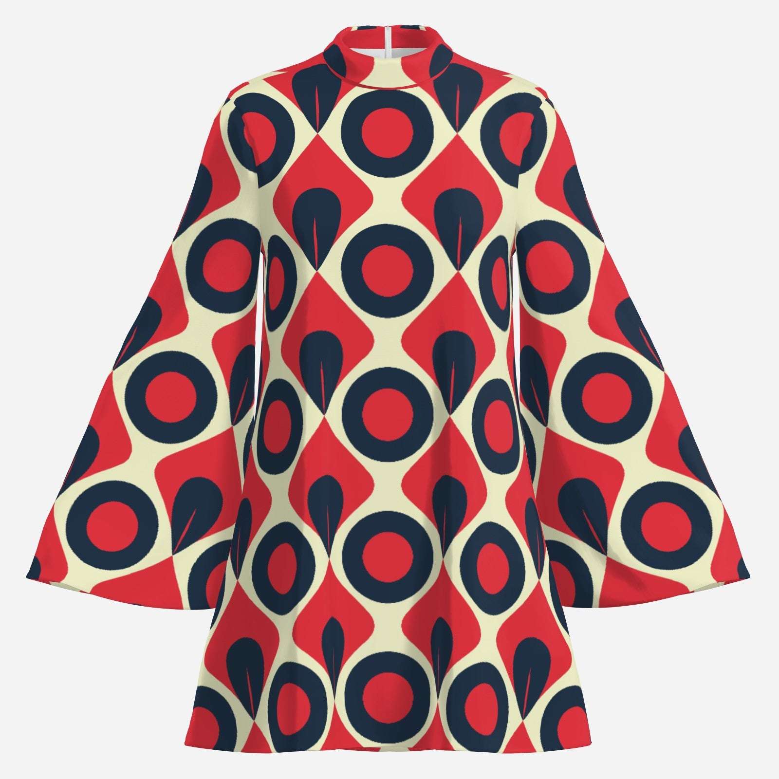 Disco 70s Style Dress | Turtleneck Mod Dress | Retro Red Black Op Art Chiffon Tent Mini Dress
