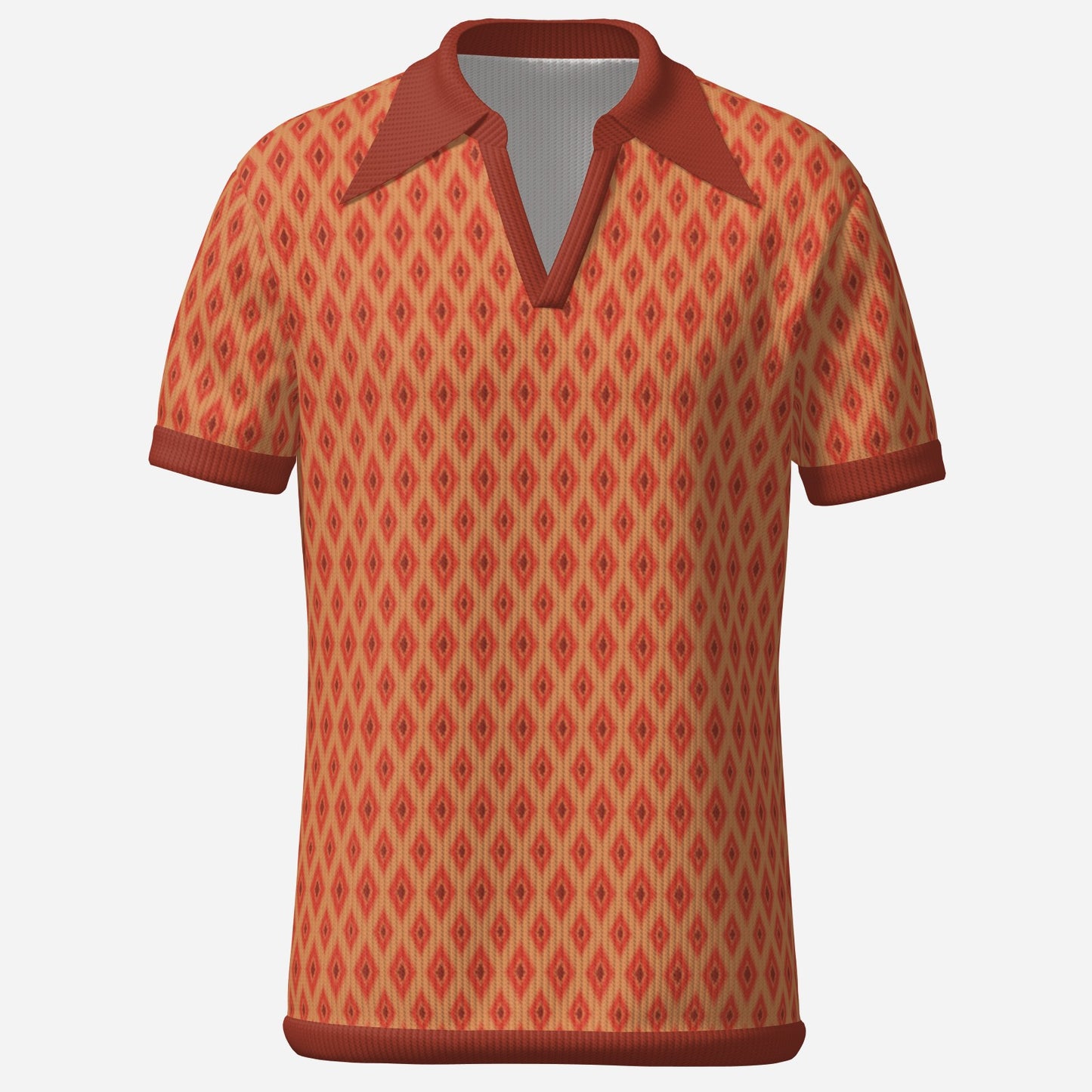 Disco 70s Polo Shirt | Retro Polo Shirt | Maroon & Orange Knit Polo Shirt Print | 70s Wing Collar Shirt