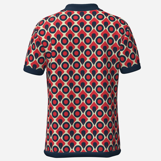 70s Polo Shirt | Retro Knit Disco Shirt | Mod Red & Blue Geometric Polo | Vintage Style Top – Trendy Hip Buys