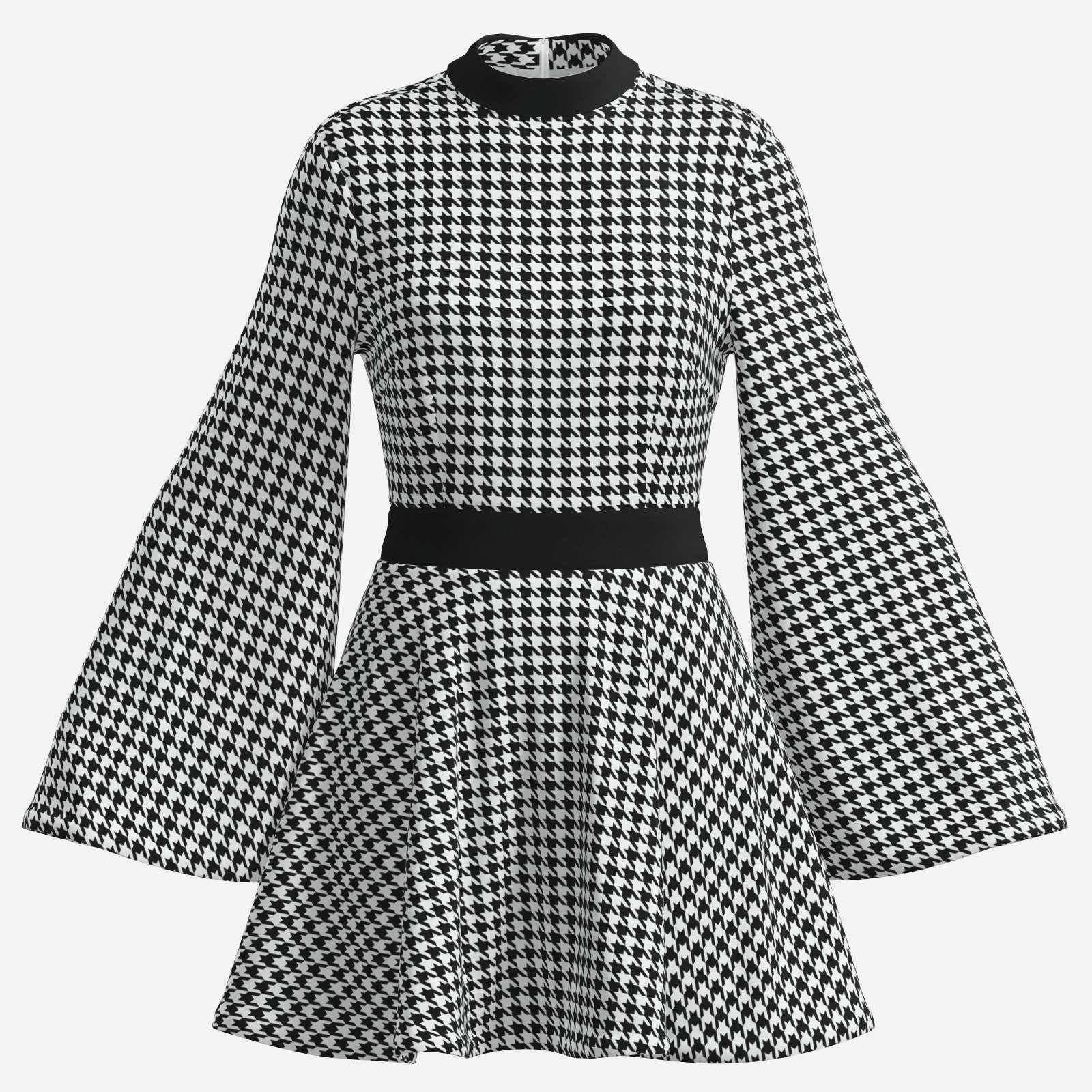 70s Dress Style, Retro Black Houndstooth Bell Sleeve Mini Dress | Retro Chiffon A-Line Disco Dress